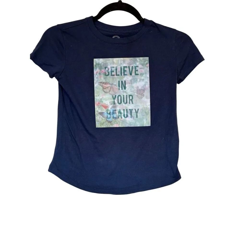 Girls Wonder Nation Believe in your Beauty Hologram Navy Blue Short Sleeved Grap